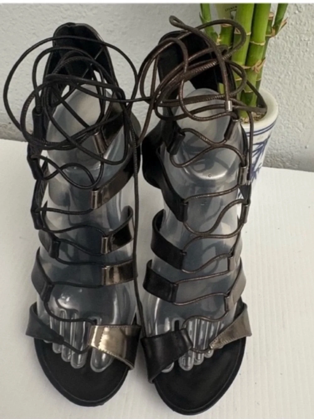 THESIS Couture Gladiator Black Silver Metallic Strappy High Heel Sandals Sz 39